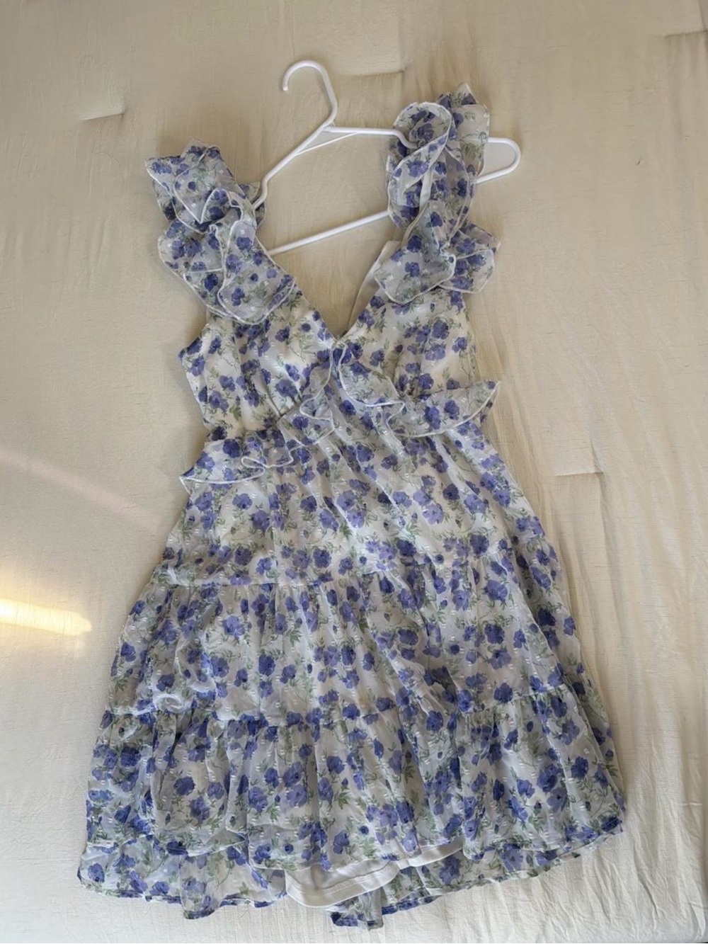 blue floral ruffle mini dress